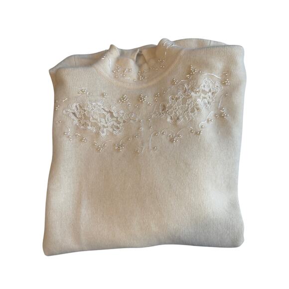 Vintage 80s Angora Pearl Lace Sweater Dress/Mini Tunic/Puff Sleeve Ivory Medium - Picture 6 of 7